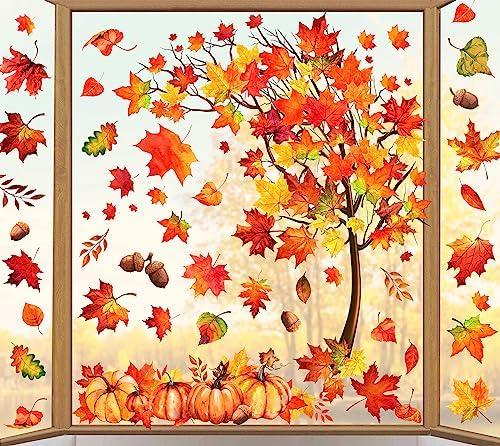 Whaline 9 Sheets Fall Maple Leaves Window Clings Thanksgiving Watercolor Maple Tree Orange-Brown Leaves Pumpkins Decals Double-Sided Glass Window Stickers for Autumn Harvest Home School Party Supplies 2 Pack
