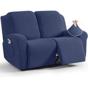 TAOCOCO Recliner Loveseat Slipcover, 6 Pieces Dual Recliner Sofa Covers for 2 Seat Dual Reclining Loveseat Couch, Stretch Soft Jacquard Pattern Furniture Protector with Elasticity (Navy Blue)