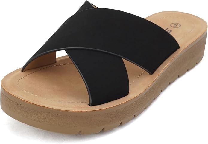Soda LUCY ~ Women Open Toe Flatform Platform Crisscross Band Upper Fashion Slide Sandals Black 6