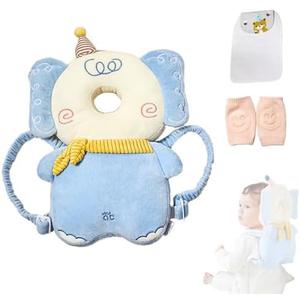 Baby Head Protector Backpack, Adjustable Baby Head Protection Backpack with Baby Knee Pads for Walking & Crawling, Soft, Breathable and Wearing Safety Baby Head Protector - Blue Elephant