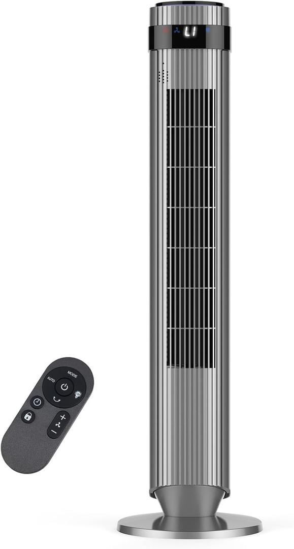 OLIXIS Tower Fan for Bedroom, 28dB Quiet Floor Standing Fan with Remote, 12H Timer, 5 Speeds, 4 Modes, LED Display, Portable Bladeless Oscillating Cooling Fan for Indoor, Home, Office - Grey