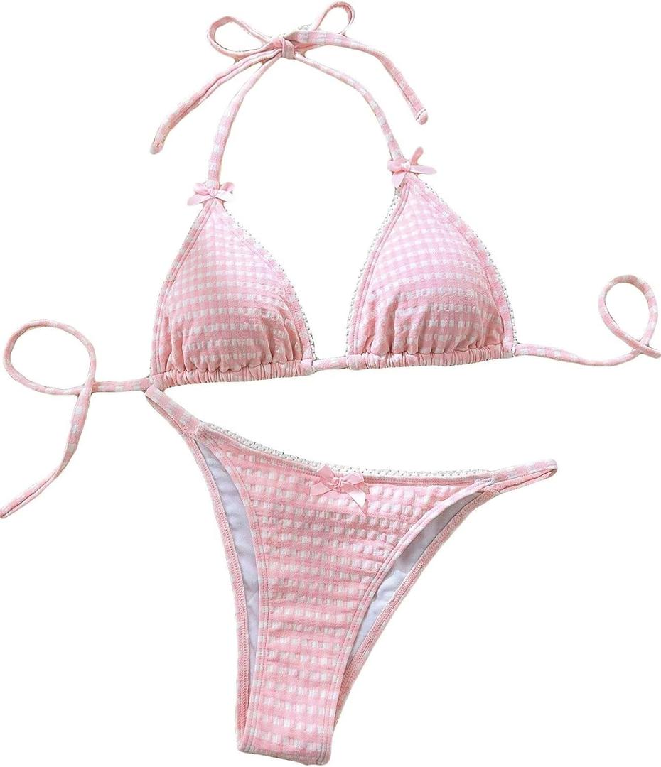 Women's Plaid Gingham Bathing Suit High Waisted Halter Triangle Swimsuit Bikini Set (Medium, Light Pink)