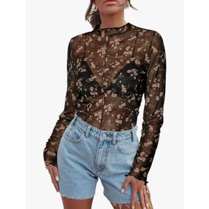 Women's Sheer Floral Long Sleeve Layering Top Ruffled Mock Neck Sheer Blouse for Casual Brunch Party Club Night Date Outfits
XL
