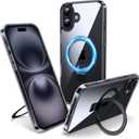 Magnetic Case for iPhone 16 - [Built-in Invisible Stand] [Compatible with MagSafe] [Military Grade Drop Protection] Anti-Yellowing Hard Back Silicone Edge Cover, 6.1", Clear Black