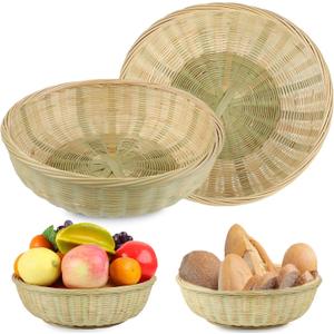 2 Pack Fruit Basket, Natural Handwoven Bamboo Made Vegetables Bread Basket, Reusable Light-weight Kitchen Storage Basket,9.4 x 2.8inches