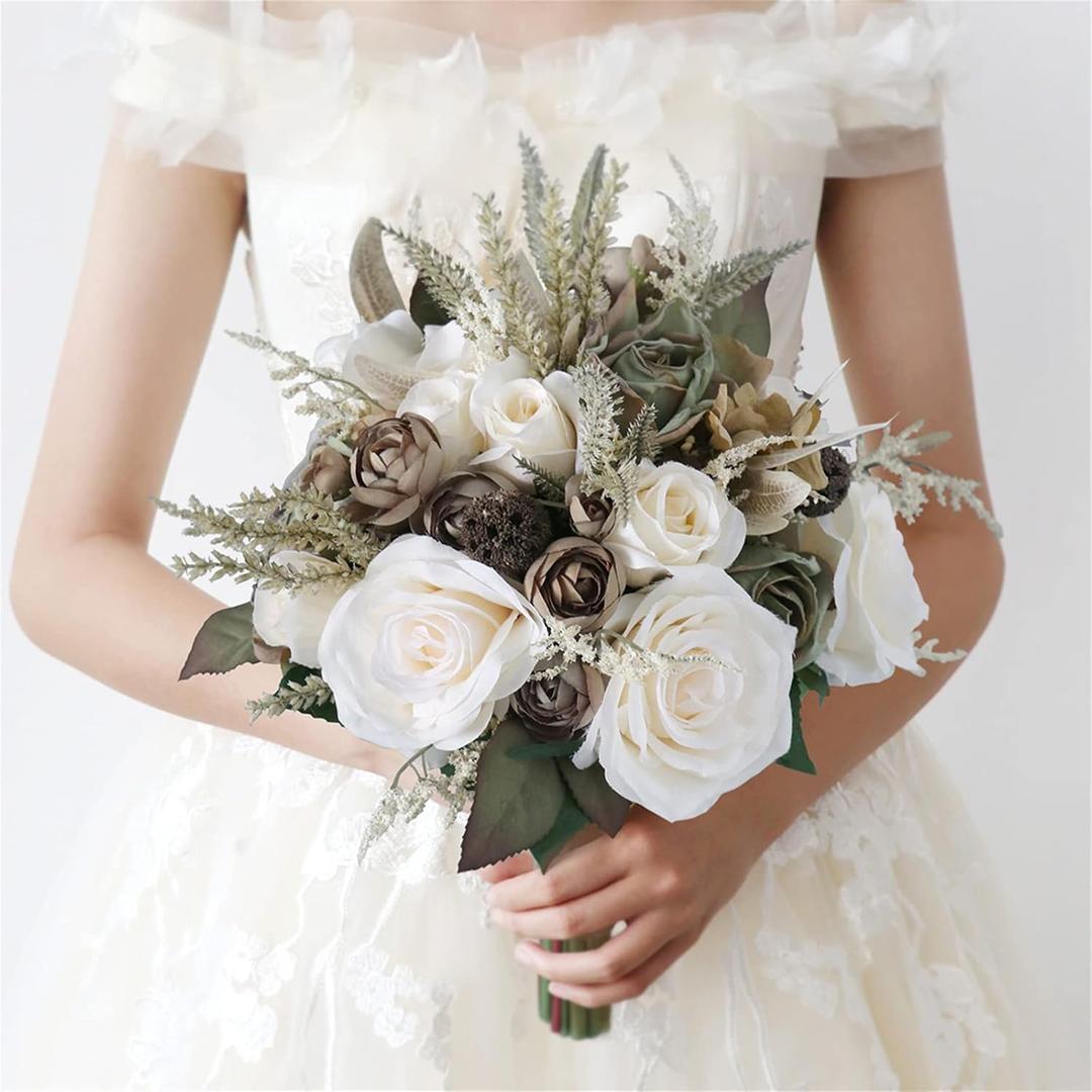 Wedding Bouquet Artificial Roses Flower Bride Bridal Bouquets Handmade Silk Creamy Flower Wedding Bridal Bouquets for Church Party Home Decoration
