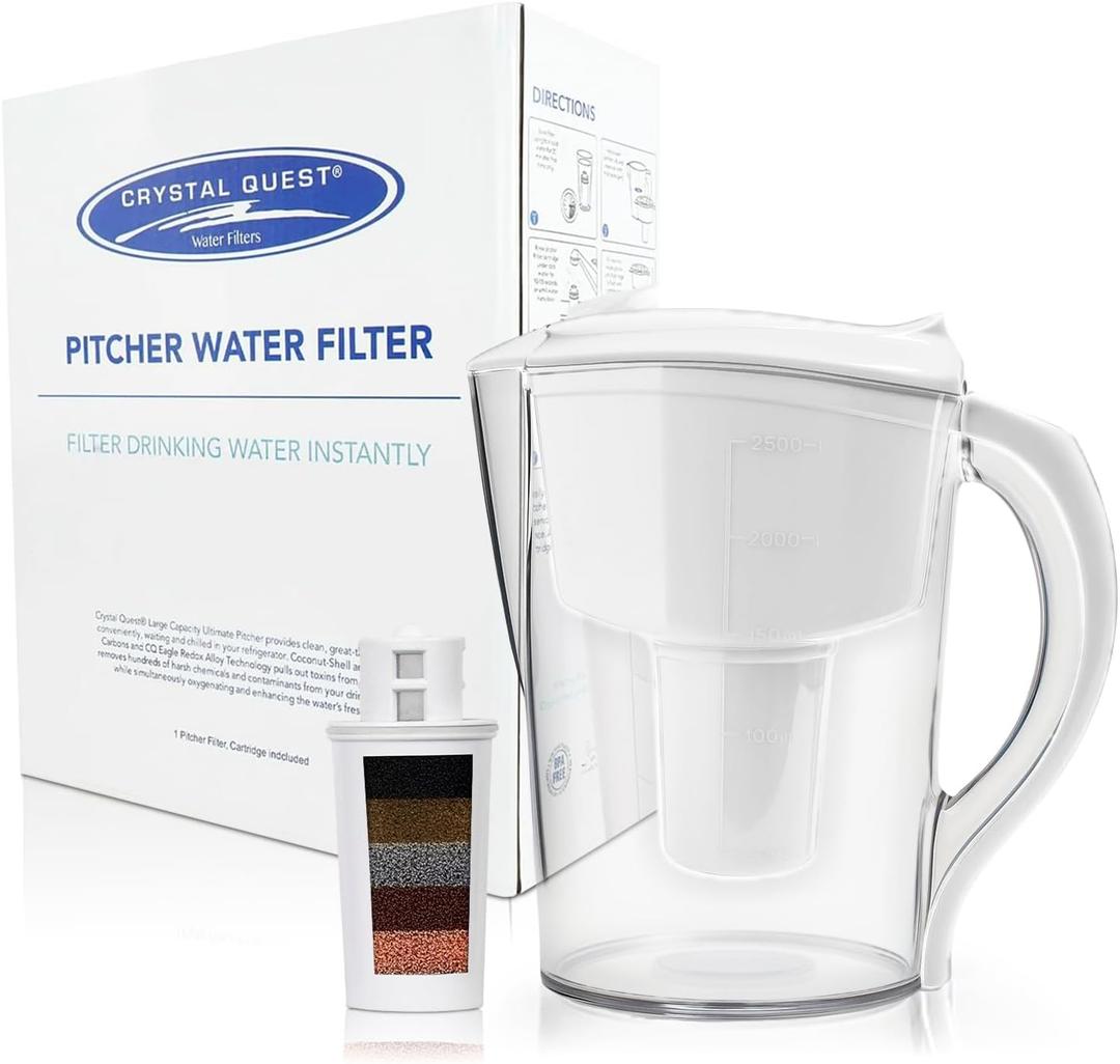 Crystal Quest Water Filter Pitcher- 12-Cup Capacity, Includes 1 Long-Life Filter, BPA Free, Meets NSF Standard 42 - Filters up to 2,000 Gallons  Alkalizing/White