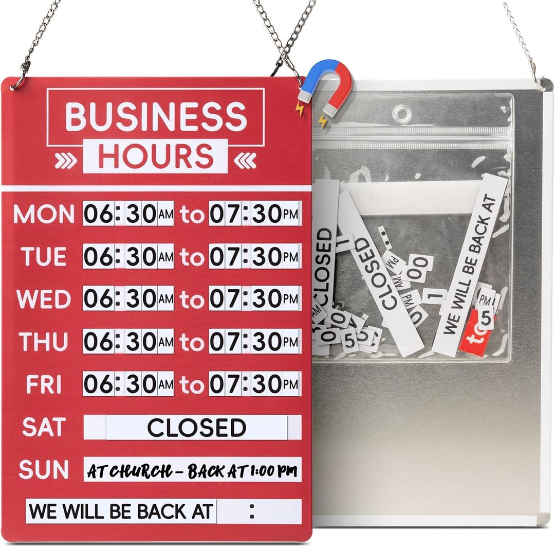 Business Hours Sign for Glass Door with Changeable Magnetic Letter And Number, Mental Store Signs, Open Sign With Hours For Office, Restaurants, Bars, Red
