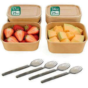 34oz+17oz Meal Prep Containers Disposable with Lids Food Containers | 50 Pack Disposable Kraft Paper Bowls, Lids & Sporks, Leak-Proof, Microwavable and Freezer Friendly for To Go, Take Out, 25 Count 34oz + 25 Count 17oz
