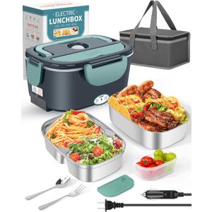 Eocolz Electric Lunch Box Food Heater, Food Warmer 1.5L Portable Heated Lunch Box for Car Truck Work Stainless Steel Fork & Spoon 12/24/110V for Adults Lonchera Elctrica (Gray-Blue)