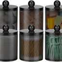 6 Pack Acrylic Qtip Holder Dispenser for Cotton Swabs, Balls, Pads, Floss Picks- Clear Plastic Canister Apothecary Jar Set, Bathroom Essentials Accessories Decor Vanity Makeup Storage Organizer -Black