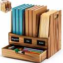 Wood File Organizer for Desk, 3-Section Vertical Folder Holder with Drawer, Upright Binder Rack Stand with Chalkboard Label, Tabletop Magazine Document Sorter for Office Home