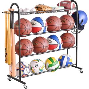 PLKOW Basketball Rack, Rolling Ball Storage with Baseball Bat Holder and Hooks, Sports Equipment Storage with Wheels for Volleyball, Football and Basketball Accessories, Powder Coated Steel