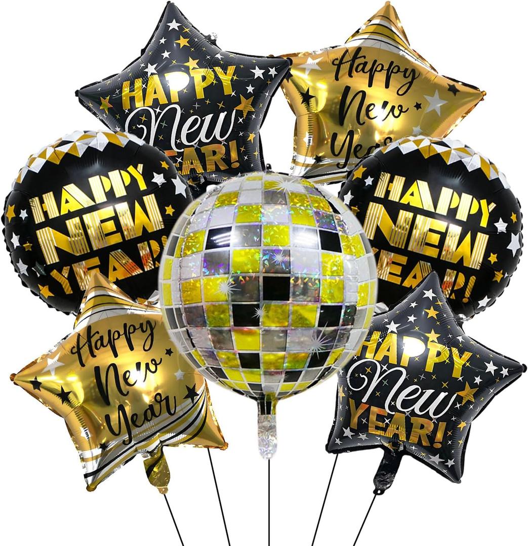 New Year Balloons Decorations - Black and Gold Foil balloon 4D Disco Ball Balloon for News Year Eve Party Supplies Happy New Years Balloons for 2026 News Years Party Decorations-7pcs