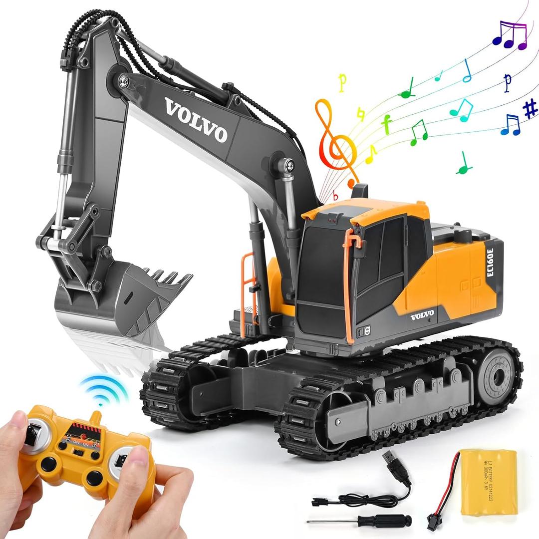 DOUBLE E Volvo RC Excavator Remote Control Excavator Toy for Boys Full Function Construction Vehicles Toys with Shovel for Outdoor Play Sandbox Digger Toys Gifts for Kids  