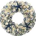 Natural Seashell Wreath w/Shells, Starfish, Pearls, Sea Snails - Spring & Summer Coastal Decor Beach House Indoor Door Wreath, 18in Dark Blue