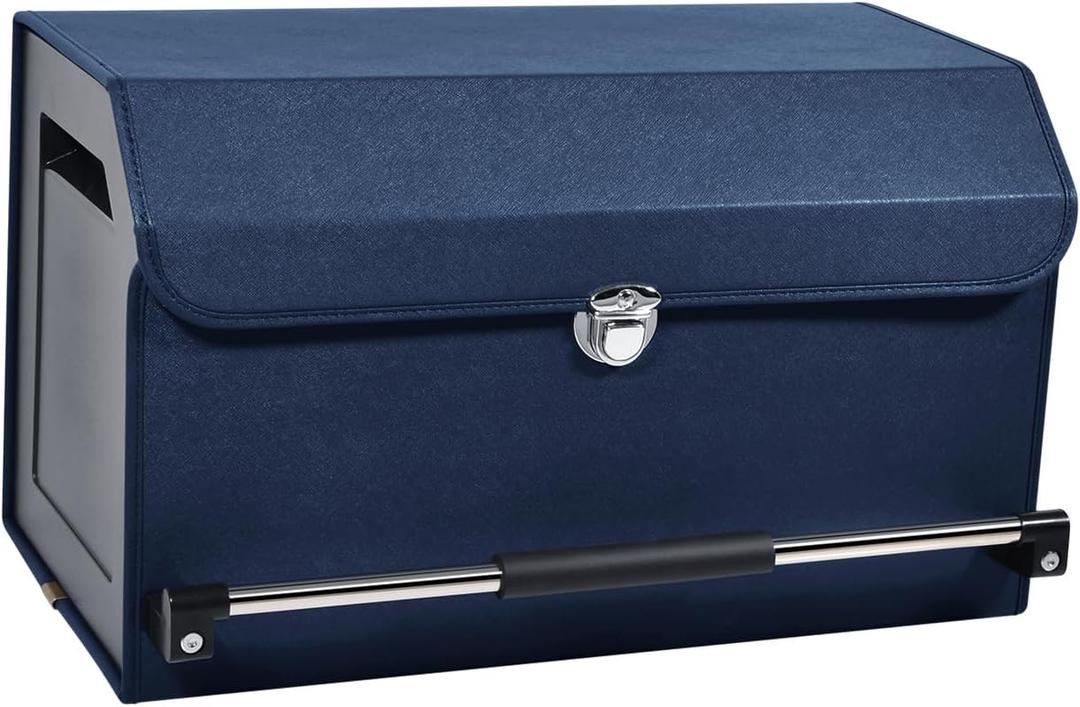 Car Trunk Organizer, Car Trunk Leather Storage Box with Lid and Push-pull Handle Car Trunk Storage Organizer for Car (Blue, 20.47 x 11.42 x 12.2in) (Large)