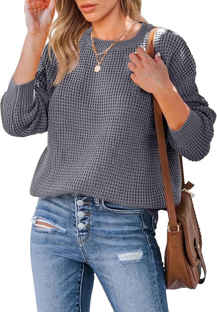 MEROKEETY Women's 2025 Long Sleeve Waffle Knit Sweater Crew Neck Solid Color Pullover Jumper Tops (Large, Grey)