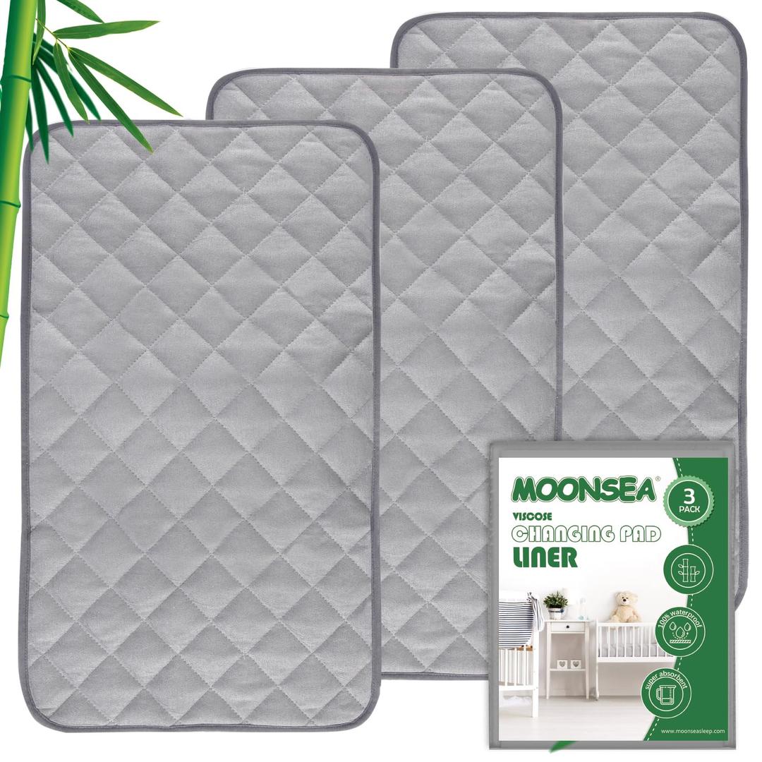 Diaper Changing Pad Liner Non-Slip, Waterproof Terry Mat, Quilted Absorbent Bassinet Liners Washable, 3 Pack 13"x 26" Reusable Portable Changing Table Pad Rectangle Grey (Gray)