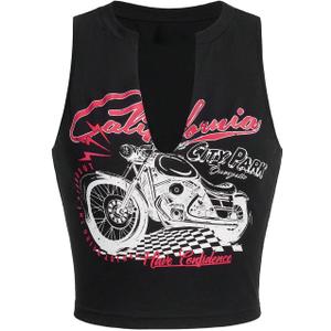 SOLY HUX Women's Letter Graphic Tank Top Notched V Neck Sleeveless Summer Crop Tops Streetwear (Large, Black Motorcycle)