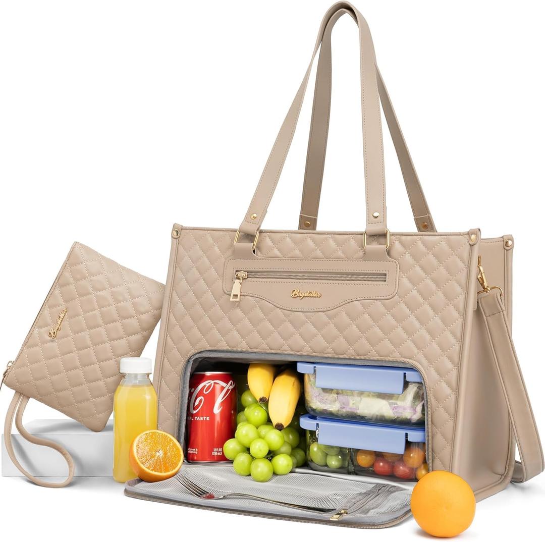 Bagstellar Lunch Tote Bag for Women, 15.6 Inch Laptop Work Bag with Insulated Lunch Box Compartment & Purse Large Capacity Quilted Computer Handbag for Office Business Work Nurse Teacher Travel Casual (Apricot)