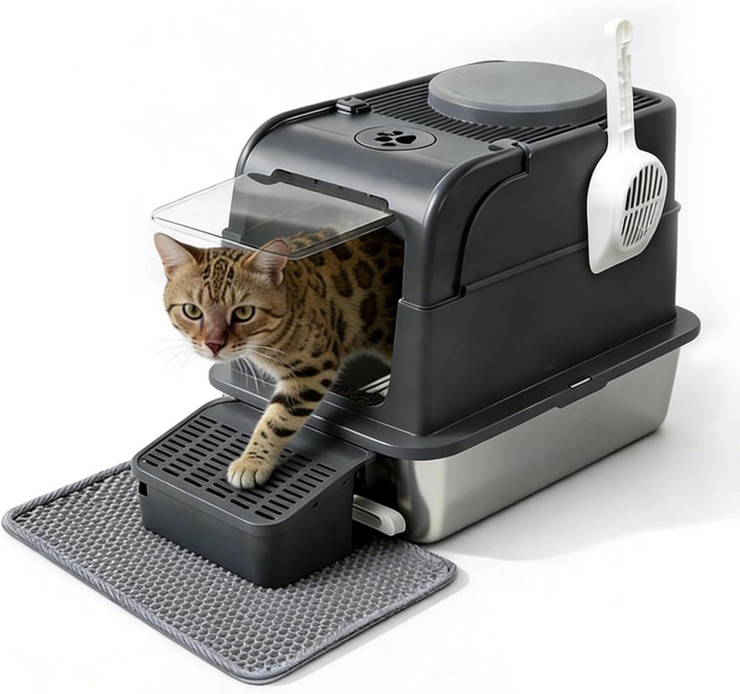 Stainless Steel Cat Litter Box with Lid,Enclosed or Open Design,Front Entry Top Exit,Extra Large Litter Box,with Flip top,Odor Control Easy Cleaning,Includes Mat, Scoop & Step,Grey