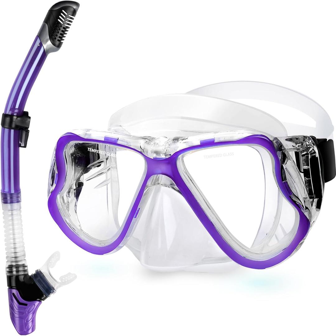 Greatever Dry Snorkel Set,Panoramic Wide View Anti-Fog Scuba Diving Mask,Professional Snorkeling Gear for Adults Kids (Large, Purple)