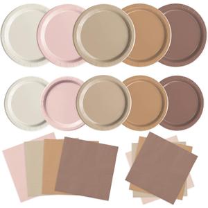 Oigco 150 PCS Brown Paper Plates Boho Baby Shower Decorations Gradient Brown Plates and Napkins for Birthday Wedding Boho Baby Shower Bridal Shower Party Supplies, Serves 50