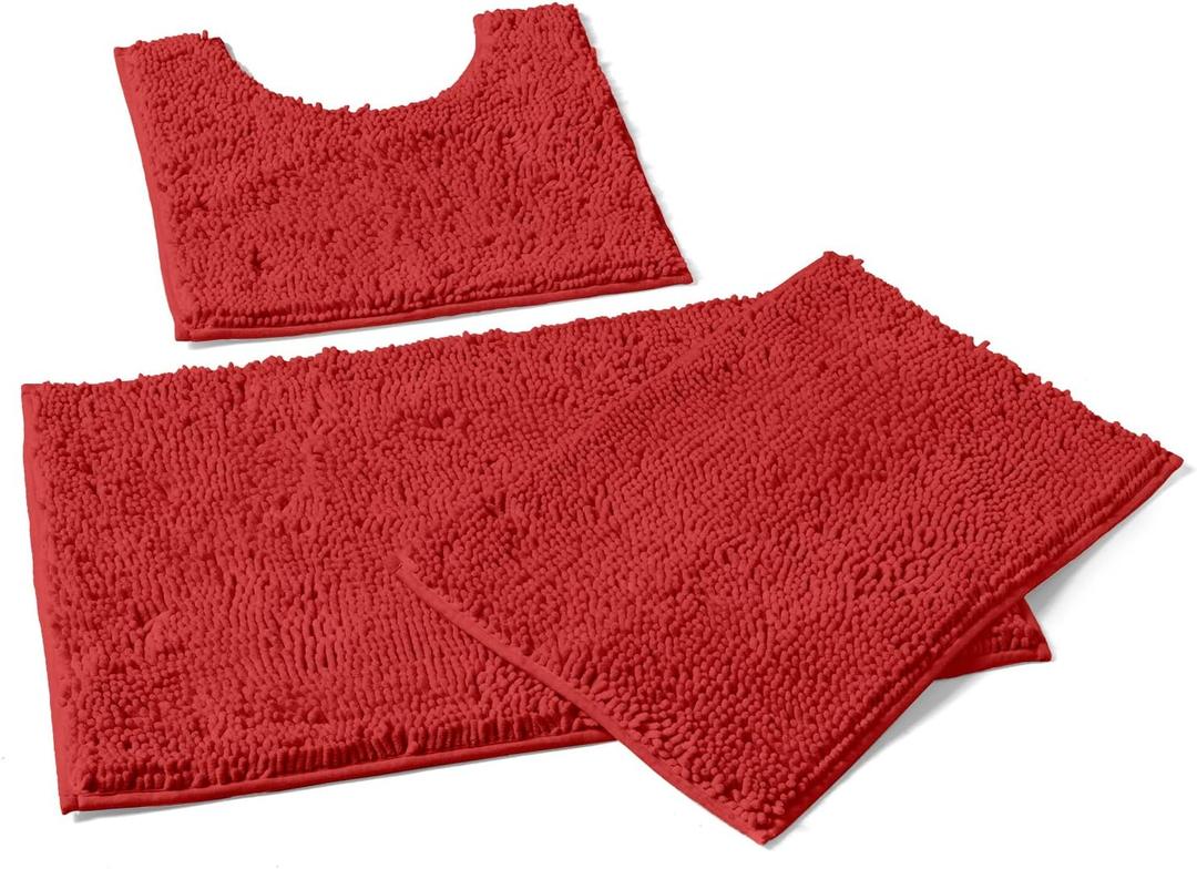 LuxUrux Red Bathroom Rugs Set-Extra-Soft Plush Bath mat Shower Bathroom Rugs,1'' Chenille Microfiber Material, Super Absorbent (Rectangular Set, Red) (3 Piece Set)