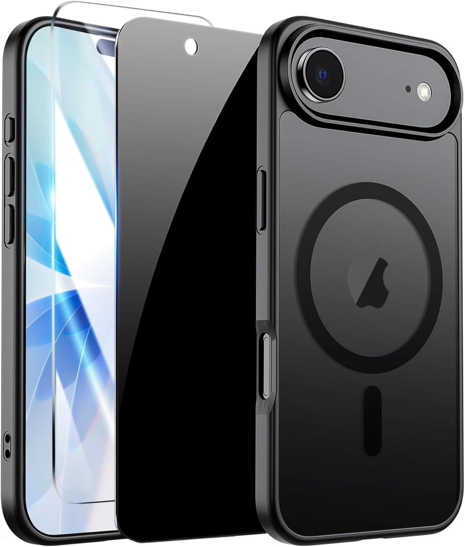for iPhone Air Translucent Matte Case with Screen Protector 2X,Compatible with MagSafe Military Grade Shockproof Slim Magnetic Protection Phone Case for iPhone 17 Air-Black