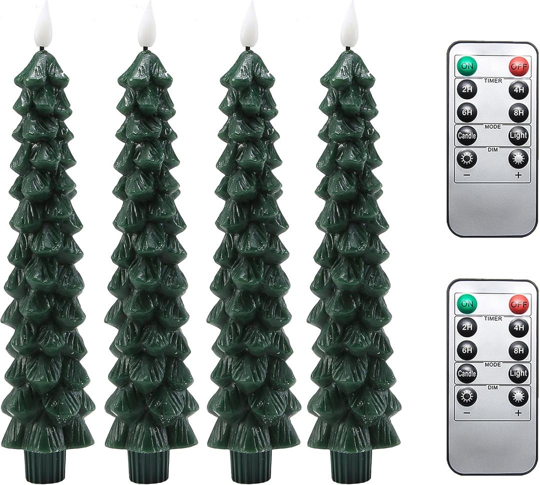 Fo32won Christmas Tree Shaped Flameless Candlesticks Battery Operated with Remote and Timer, Set of 4 Real Wax LED Taper Candles with 3D Flickering Wick for Christmas Decoration Gift