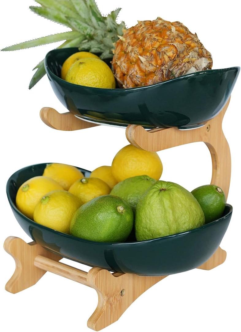 2 Tier Fruit Basket,Ceramic Fruit Bowl for Kitchen Counter,Fruit Basket for Kitchen,Fruteros para Cocina,Large Green (Large(9.45"x8.45"x9.65"))