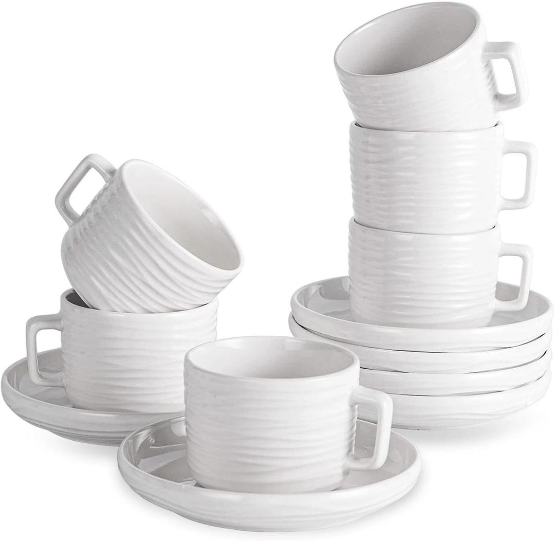 Cappuccino Cups with Saucers, 8 OZ White Ceramic Coffee Cups Set of 6, Good for Latte, Americano and Tea, Microwave and Dishwasher Safe, Ribbed Texture