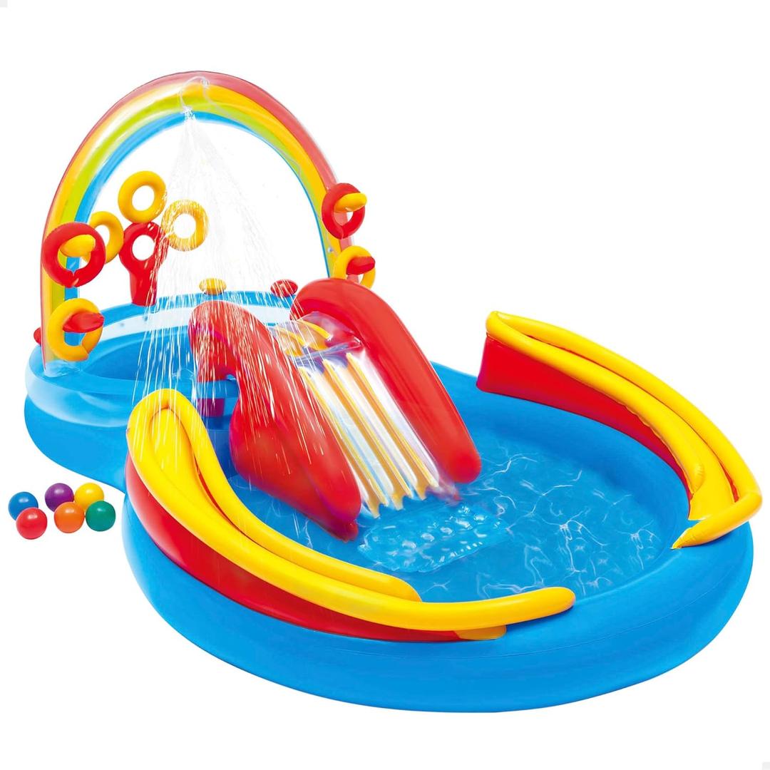 Intex 57453EP 9.75 Foot x 6.3 Foot x 53 Inch Multicolor Rainbow Slide Kids Inflatable Pool with Water Slide and Ring Toss for Children Ages 2 and Up (117" x 76" x 53", Multicolor)