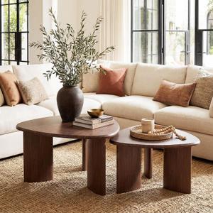 Honyee Nesting Coffee Table Set of 2, Modern Walnut Wood Veneer Coffee Table and Side Table Set for Living Room, Small End Table Set with Flexible Use and Space-Saving Design