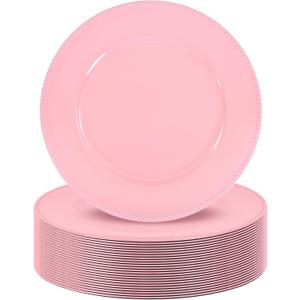 24 Pack Charger Plates 13" Plastic Round Charger Plates Dinner Plate With Beaded for Wedding Table Dinner Kitchen Catering Event Party Decoration (Pink)
