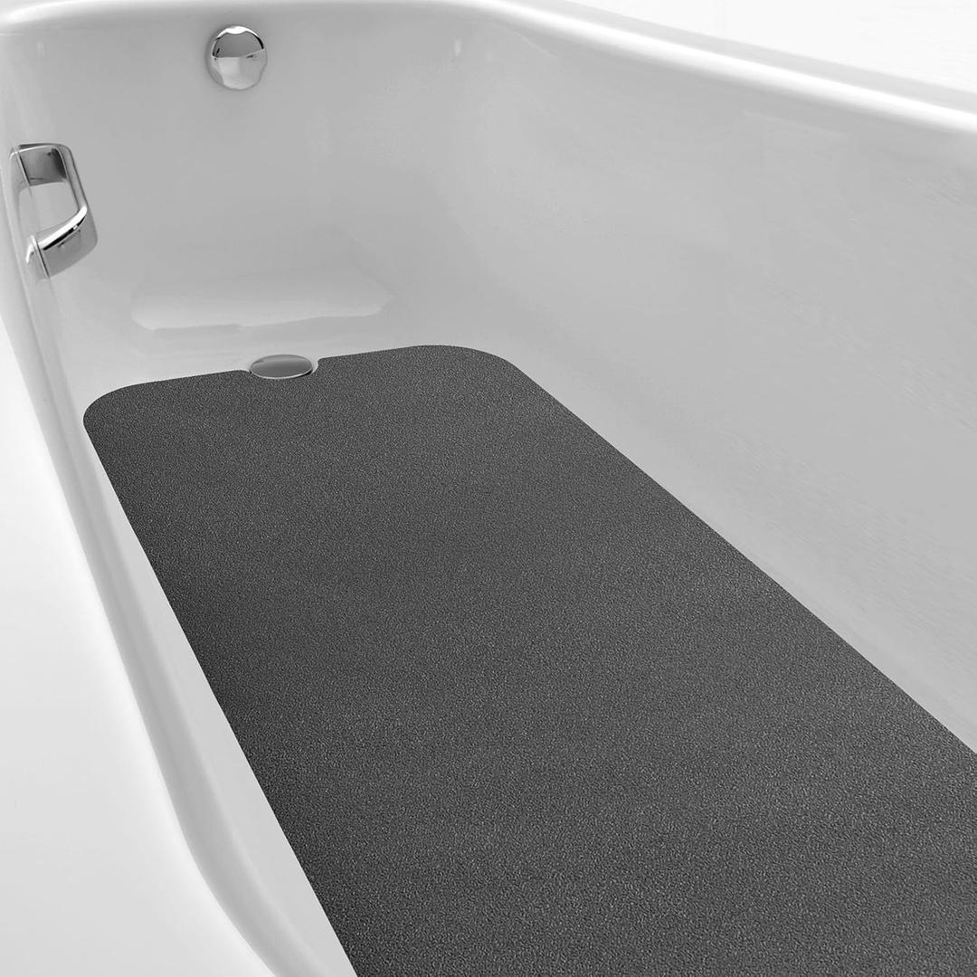 16" x 40" Non Slip Bathtub Mat with Drain Cut Out Non Skid Safety Bath Mat Adhesive Peel and Stick Bath Tub Mat Arc Angle PEVA Tub Anti Slip Stickers for Shower Floor Wet Areas(Dark Gray)