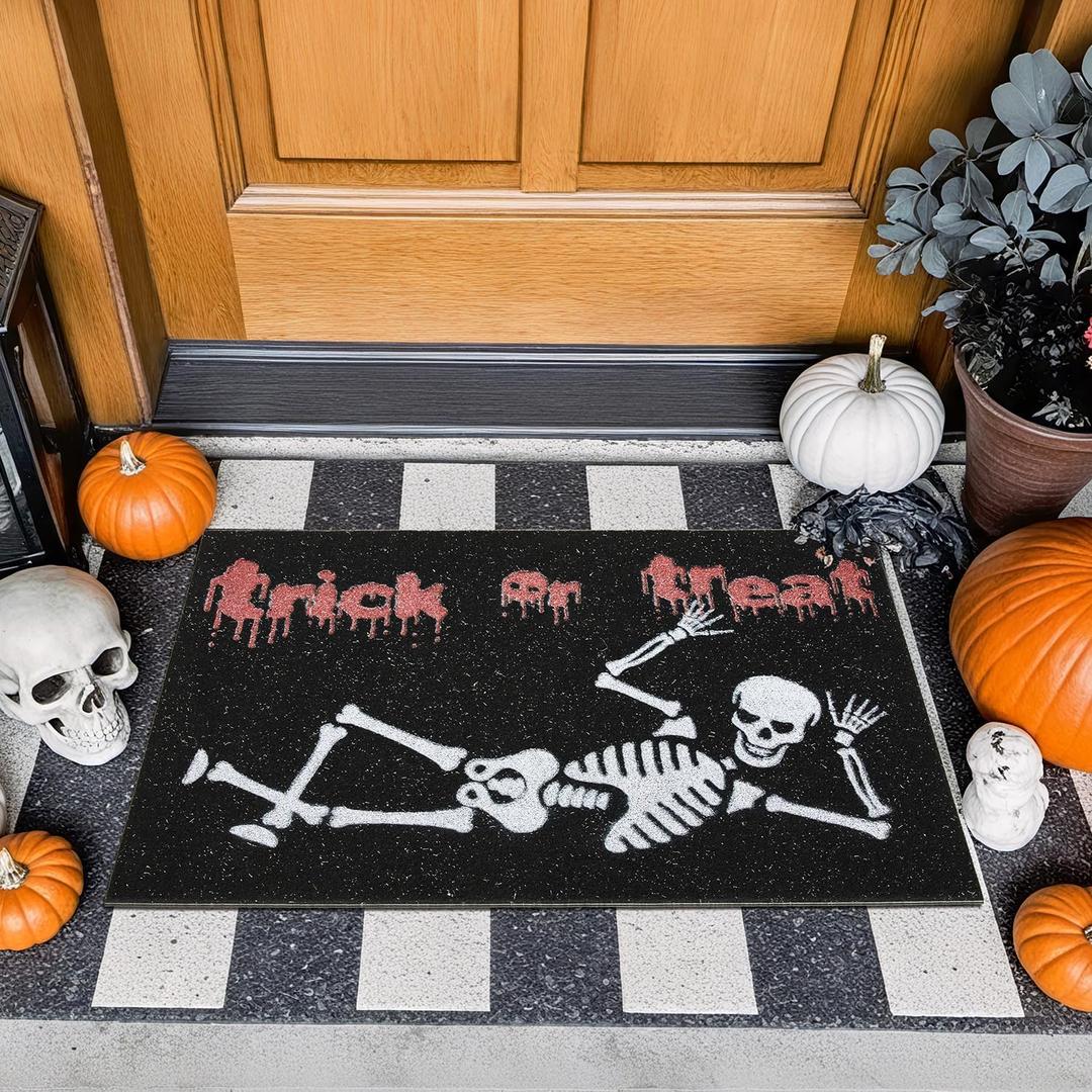 TYUU Skeleton Front Door Mat Indoor Outside Entrance, Heavy Duty Dirt Trapper Doormat with Non Slip Backing Entryway Mat for Front Back Door, 24'' x 36'', Skeleton Black