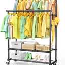 Double Rods Clothes Rack for Hanging Clothes, Heavy Duty Rolling Clothing Rack with Wheels, Freestanding Garment Racks with Oxford Bottom Shelf and Mesh Bottom Shelf for Bedroom Laundry Living Room