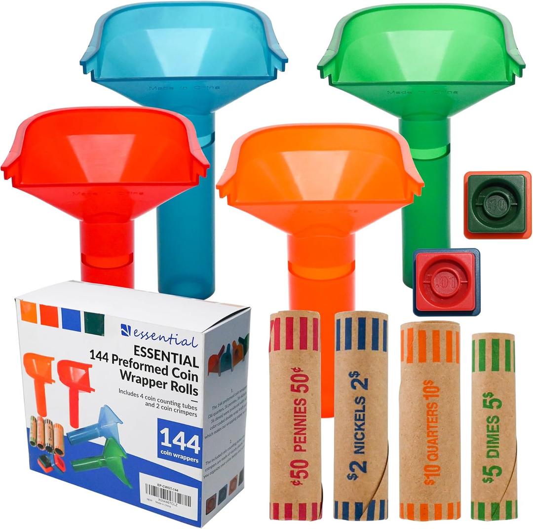 ESSENTIAL 144 Pcs Assorted Preformed Coin Wrapper Rolls with Color Coded Coin Counter Tubes and Coin Wrapper Crimping Tool