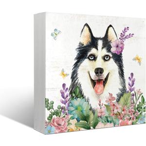 Mtrgdn Dog Decor,Dog Mom Gifts for Women,Dogs Lover Gifts,Flowers Husky Wooden Box Sign Desk Decor,Farmhouse Home Office Desk Shelf Wall Decoration,5x5 Inch