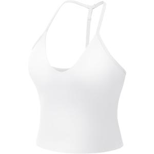 YEOREO Women's Impact Halter Tank Top Strappy Padded Halter Open Back Deep V Neck Built-in Bra Workout Gym Crop Tops, White, XS