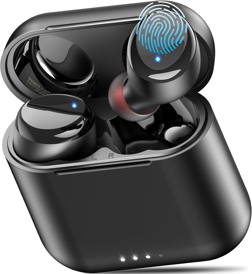 TOZO T6 Wireless Earbuds, Bluetooth 5.3 Ear Buds, Stereo Sound in Ear Headphones, 50 Hours Playtime, Wireless Charging Case, APP Customizable EQs, IPX8 Waterproof Earphones (Dark Black)