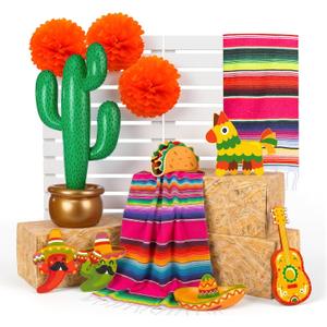 Roowest 18 Pcs Fiesta Mexican Party Decor Set Table Runners Hay Bale Boxes Inflatable Cactus Paper Flowers Cards Taco Birthday Day of the Dead Supplies