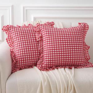 2 Pack Red/White Plaid Ruffle Gingham Throw Pillow Covers, 100% Washed Cotton Christmas Decorative Buffalo Checkered Farmhouse Pillow Shams - 18''x18''