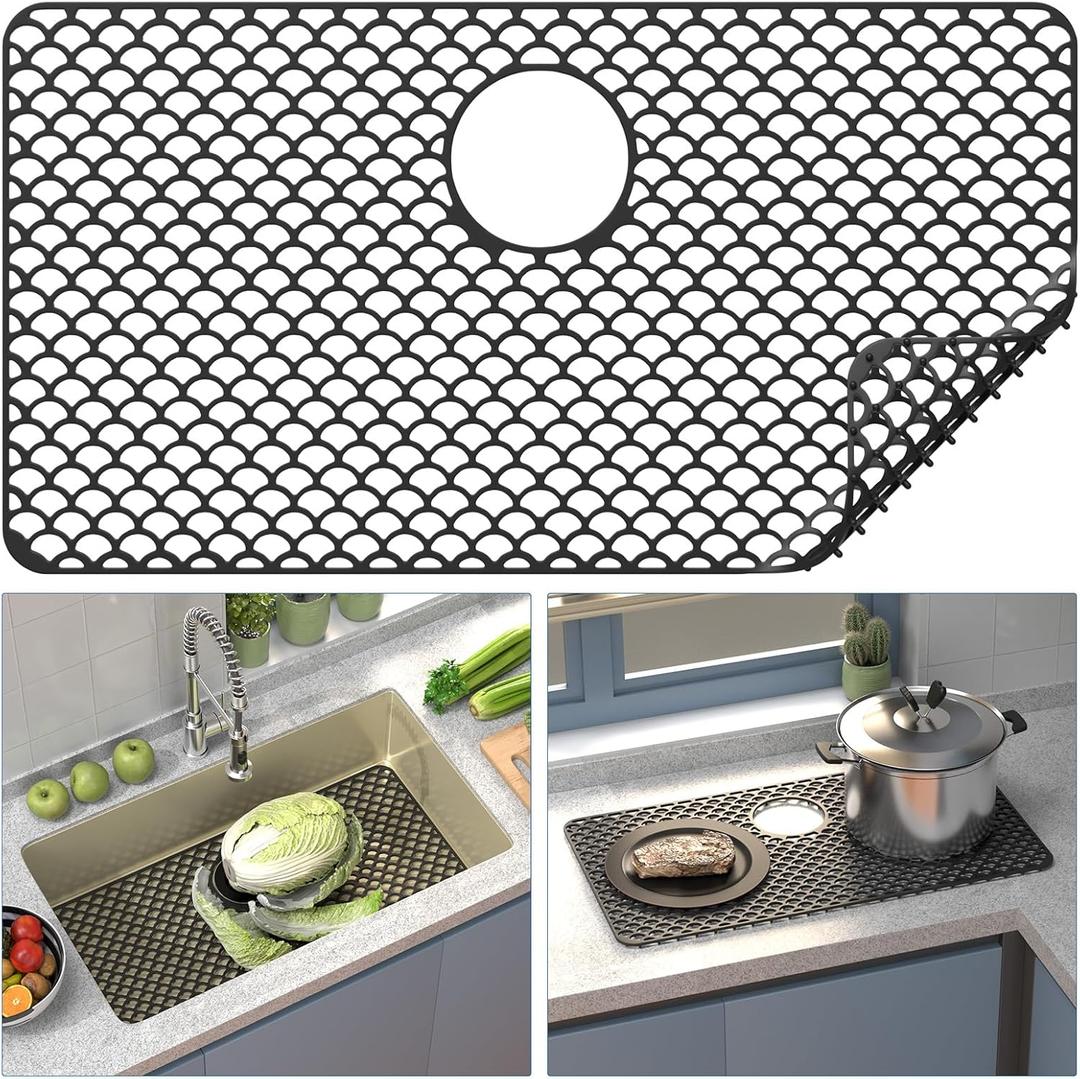 Sink Protectors for Kitchen Sink 28.6"x 14.5" Large Silicone Mat, Heat Resistant Easy Clean Silicone Mat for Protection of Stainless Steel with Rear Drain Black