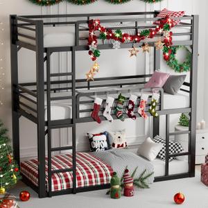 PVWIIK Heavy Duty Triple Bunk Bed for Kids,Twin Over Twin Over Twin Metal Bunkbeds with Ladder for Dorm,Bedroom,Guest Room,No Box Spring Needed, Easy Assembly,Black