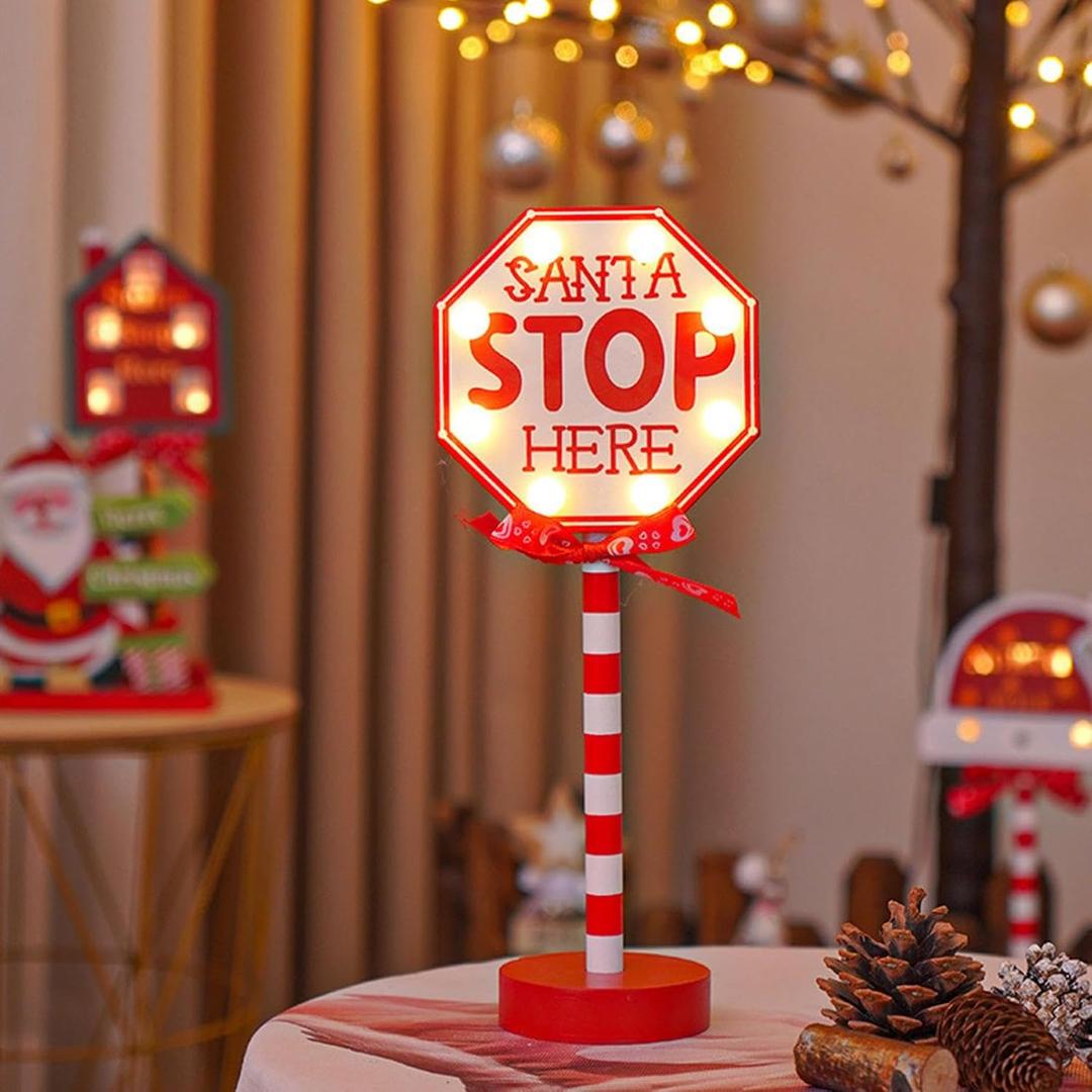 Christmas Decorative Sign, Santa Stop Here Sign with LED Light, Style May Differ 