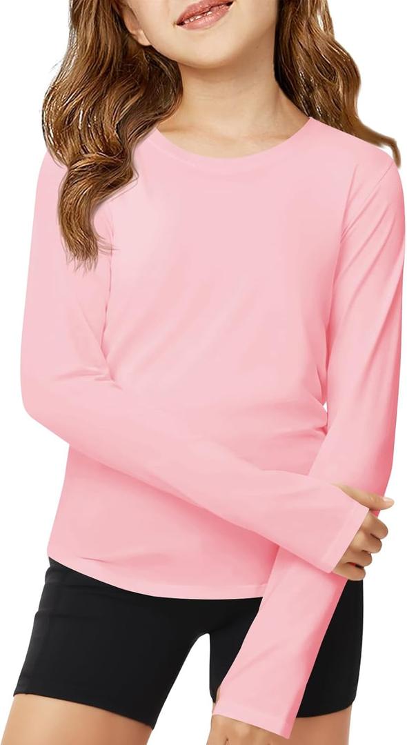 Haloumoning Girls Long Sleeve Athletic Shirts Lightweight Yoga Tops Crewneck Gym Tees with Thumb Holes (7-8 Years, Nude Pink)