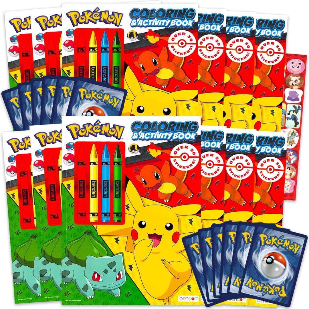 Pokemon Party Favors for Kids 8"x11" - Party Supplies Bundle Includes 12 Pokemon Coloring Books for Kids and 12 Pokemon Cards, Jumbo Crayons | Pokemon Party Favors Bulk